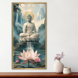 Serene Buddha Portrait with Lotus and Waterfall Wall Art, HD Canvas Print, Golden Box Framed, Ready to Hang, (48 In x 24 In) (BUDDHA-WA-38)