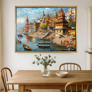 Banaras Ghats Painting Wall Art – Varanasi Riverfront with Golden Floater Frame – HD Print Large Canvas, Ready to Hang, Size: 3X4FT, (BAWA24).
