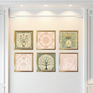 Ethnic Wall Art Set of 6 | HD Canvas Print | Ready to Hang | Golden Box Frame Panels for Home & Office Décor | Each Frame Size: 14X14 INCH (ETHF01)