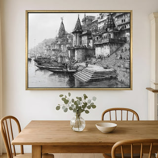 Banaras Ghats Painting Wall Art – Varanasi Riverfront with Golden Floater Frame – HD Print Large Canvas, Ready to Hang, Size: 3X4FT, (BAWA06).