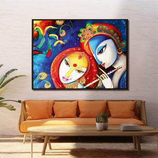 Lord Radha Krishna Divine Large Wall Art - Devotional Artwork Unique Religious Canvas Framed Paintings Modern Art For Living Room Bedroom Office Decor. (RKWA04)