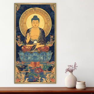 Golden Buddha Portrait on Blue Lotus Wall Art, HD Canvas Print, Golden Box Framed, Ready to Hang, (48 In x 24 In) (BUDDHA-WA-44)
