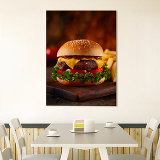 Juicy Cheeseburger - Fast Food Kitchen or Restaurant Wall Art, HD Canvas Print, Framed, Ready to Hang. (KITWA028)