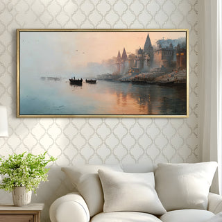 Banaras Ghats Painting Wall Art – Varanasi Riverfront with Golden Floater Frame – HD Print Large Canvas, Ready to Hang, Size: 2X4FT, (BAWA44).