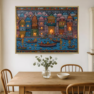Banaras Ghats Painting Wall Art – Varanasi Riverfront with Golden Floater Frame – HD Print Large Canvas, Ready to Hang, Size: 3X4FT, (BAWA14).