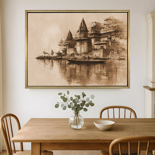 Banaras Ghats Painting Wall Art – Varanasi Riverfront with Golden Floater Frame – HD Print Large Canvas, Ready to Hang, Size: 3X4FT, (BAWA30).