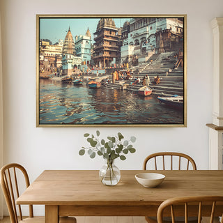 Banaras Ghats Painting Wall Art – Varanasi Riverfront with Golden Floater Frame – HD Print Large Canvas, Ready to Hang, Size: 3X4FT, (BAWA25).