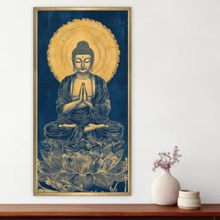 Golden Outline Buddha Portrait on Lotus Wall Art, HD Canvas Print, Golden Box Framed, Ready to Hang, (48 In x 24 In) (BUDDHA-WA-46)