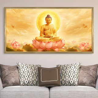 Meditating Buddha with Golden Aura Wall Art, HD Canvas Print, Golden Box Framed, Ready to Hang, (24 In x 48 In) (BUDDHA-WA-03)
