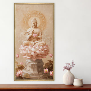 Enlightened Buddha on Lotus Throne Portrait Wall Art, HD Canvas Print, Golden Box Framed, Ready to Hang, (48 In x 24 In) (BUDDHA-WA-37)