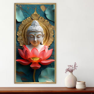 Buddha Portrait with Lotus Wall Art, HD Canvas Print, Golden Box Framed, Ready to Hang, (48 In x 24 In) (BUDDHA-WA-27)