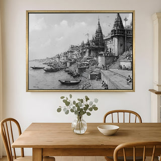 Banaras Ghats Painting Wall Art – Varanasi Riverfront with Golden Floater Frame – HD Print Large Canvas, Ready to Hang, Size: 3X4FT, (BAWA22).
