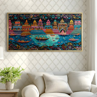 Banaras Ghats Painting Wall Art – Varanasi Riverfront with Golden Floater Frame – HD Print Large Canvas, Ready to Hang, Size: 2X4FT, (BAWA40).