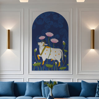 Pichwai Cow Temple Background Arch Wall Mural – Peel & Stick Cow Wallpaper – Waterproof Self Adhesive Vinyl Sticker for Living Room, Entryway – Size: 5ft x 3ft (PDAWALL10)