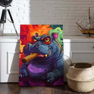 Smokin’ Hippo Hustle Wall Art Painting, HD Canvas Print, Framed, Ready to Hang. (GRFWA82)