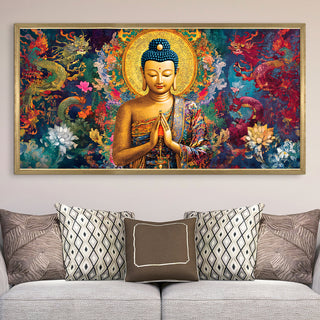 Divine Buddha with Prayer Pose Wall Art, HD Canvas Print, Golden Box Framed, Ready to Hang, (24 In x 48 In) (BUDDHA-WA-21)