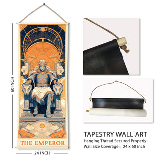 The Emperor Tarot Tapestry | Majestic King on Throne Wall Hanging, Thick fabric, HD Print, Ready to Hang Wall Décor. Size 24 In x 60 In. (TAROTTPS04)
