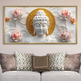Golden Halo Buddha with Lotus Wall Art, HD Canvas Print, Golden Box Framed, Ready to Hang, (24 In x 48 In) (BUDDHA-WA-07)