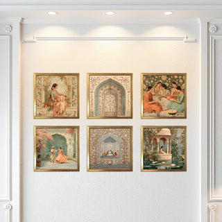 Ethnic Wall Art Set of 6 | HD Canvas Print | Ready to Hang | Golden Box Frame Panels for Home & Office Décor | Each Frame Size: 14X14 INCH (ETHF07)