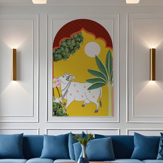 Pichwai Cow Temple Background Arch Wall Mural – Peel & Stick Cow Wallpaper – Waterproof Self Adhesive Vinyl Sticker for Living Room, Entryway – Size: 5ft x 3ft (PDAWALL03)