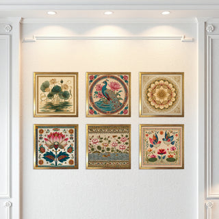 Ethnic Wall Art Set of 6 | HD Canvas Print | Ready to Hang | Golden Box Frame Panels for Home & Office Décor | Each Frame Size: 14X14 INCH (ETHF02)