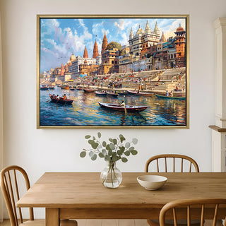 Banaras Ghats Painting Wall Art – Varanasi Riverfront with Golden Floater Frame – HD Print Large Canvas, Ready to Hang, Size: 3X4FT, (BAWA27).