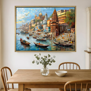 Banaras Ghats Painting Wall Art – Varanasi Riverfront with Golden Floater Frame – HD Print Large Canvas, Ready to Hang, Size: 3X4FT, (BAWA29).