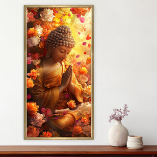 Golden Aura Buddha Portrait with Blossoms Wall Art, HD Canvas Print, Golden Box Framed, Ready to Hang, (48 In x 24 In) (BUDDHA-WA-39)