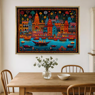 Banaras Ghats Painting Wall Art – Varanasi Riverfront with Golden Floater Frame – HD Print Large Canvas, Ready to Hang, Size: 3X4FT, (BAWA12).