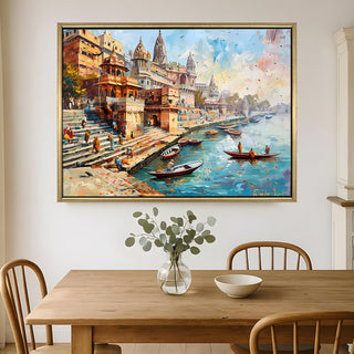 Banaras Ghats Painting Wall Art – Varanasi Riverfront with Golden Floater Frame – HD Print Large Canvas, Ready to Hang, Size: 3X4FT, (BAWA28).