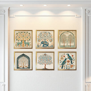 Ethnic Wall Art Set of 6 | HD Canvas Print | Ready to Hang | Golden Box Frame Panels for Home & Office Décor | Each Frame Size: 14X14 INCH (ETHF06)