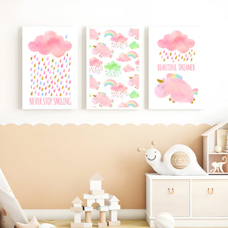 Pink Nursery Wall Art Baby Girl Canvas Wall Decor Vintage Framed Paintings. 3 Panel Large Art Pieces (KDSWA08).