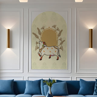 Pichwai Cow Temple Background Arch Wall Mural – Peel & Stick Cow Wallpaper – Waterproof Self Adhesive Vinyl Sticker for Living Room, Entryway – Size: 5ft x 3ft (PDAWALL07)