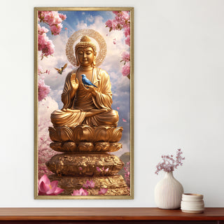 Golden Buddha Portrait with Bluebird Wall Art, HD Canvas Print, Golden Box Framed, Ready to Hang, (48 In x 24 In) (BUDDHA-WA-41)