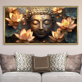 Golden Buddha with Lotus Wall Art, HD Canvas Print, Golden Box Framed, Ready to Hang, (24 In x 48 In) (BUDDHA-WA-20)