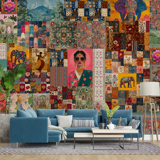Royal Raga Collage Wall Mural – Traditional Indian Patchwork Art (PATCH027)