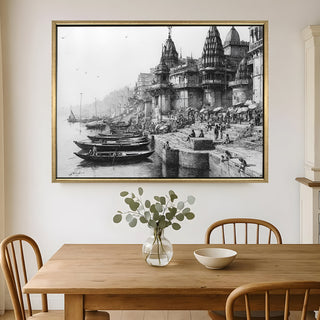 Banaras Ghats Painting Wall Art – Varanasi Riverfront with Golden Floater Frame – HD Print Large Canvas, Ready to Hang, Size: 3X4FT, (BAWA18).