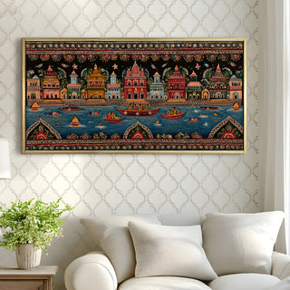 Banaras Ghats Painting Wall Art – Varanasi Riverfront with Golden Floater Frame – HD Print Large Canvas, Ready to Hang, Size: 2X4FT, (BAWA46).