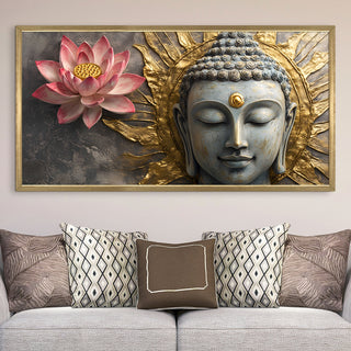 Golden Aura Buddha with Lotus Wall Art, HD Canvas Print, Golden Box Framed, Ready to Hang, (24 In x 48 In) (BUDDHA-WA-06)