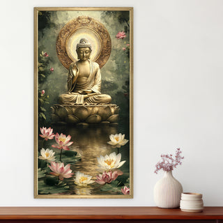 Golden Buddha Portrait with Lotus Pond Wall Art, HD Canvas Print, Golden Box Framed, Ready to Hang, (48 In x 24 In) (BUDDHA-WA-40)