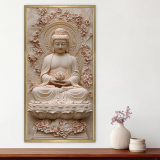 Serene Buddha with Lotus Portrait Wall Art, HD Canvas Print, Golden Box Framed, Ready to Hang, (48 In x 24 In) (BUDDHA-WA-33)