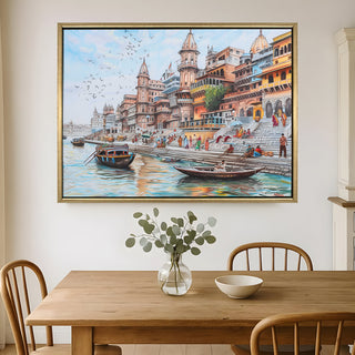 Banaras Ghats Painting Wall Art – Varanasi Riverfront with Golden Floater Frame – HD Print Large Canvas, Ready to Hang, Size: 3X4FT, (BAWA31).