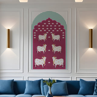 Pichwai Cow Temple Background Arch Wall Mural – Peel & Stick Cow Wallpaper – Waterproof Self Adhesive Vinyl Sticker for Living Room, Entryway – Size: 5ft x 3ft (PDAWALL08)