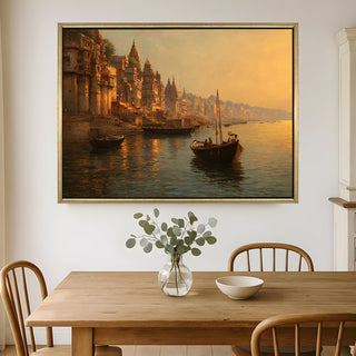 Banaras Ghats Painting Wall Art – Varanasi Riverfront with Golden Floater Frame – HD Print Large Canvas, Ready to Hang, Size: 3X4FT, (BAWA13).