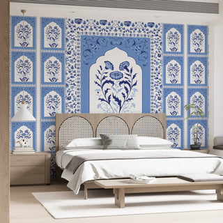 Blue Pottery Elegance – Mughal Floral Wallpaper Mural (PATCH023)