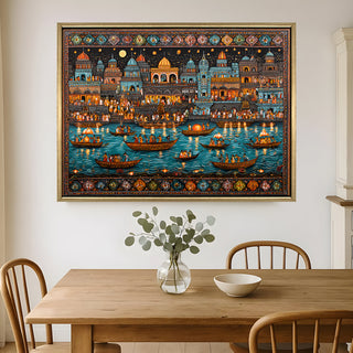 Banaras Ghats Painting Wall Art – Varanasi Riverfront with Golden Floater Frame – HD Print Large Canvas, Ready to Hang, Size: 3X4FT, (BAWA08).