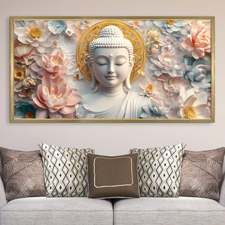 Golden Lotus Buddha Wall Art, HD Canvas Print, Golden Box Framed, Ready to Hang, (24 In x 48 In) (BUDDHA-WA-01)