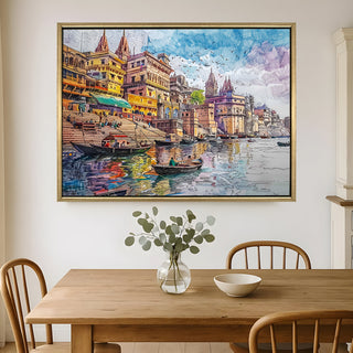 Banaras Ghats Painting Wall Art – Varanasi Riverfront with Golden Floater Frame – HD Print Large Canvas, Ready to Hang, Size: 3X4FT, (BAWA20).
