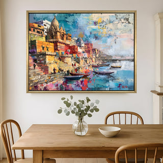 Banaras Ghats Painting Wall Art – Varanasi Riverfront with Golden Floater Frame – HD Print Large Canvas, Ready to Hang, Size: 3X4FT, (BAWA02).
