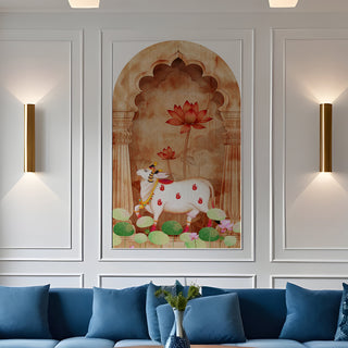 Pichwai Cow Temple Background Arch Wall Mural – Peel & Stick Cow Wallpaper – Waterproof Self Adhesive Vinyl Sticker for Living Room, Entryway – Size: 5ft x 3ft (PDAWALL06)